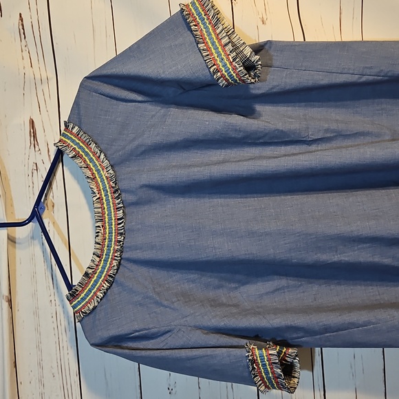 Pleione‎  Anthropologie Tops  Womens Large Blue Poplin Embroidered Fringe - Picture 3 of 10